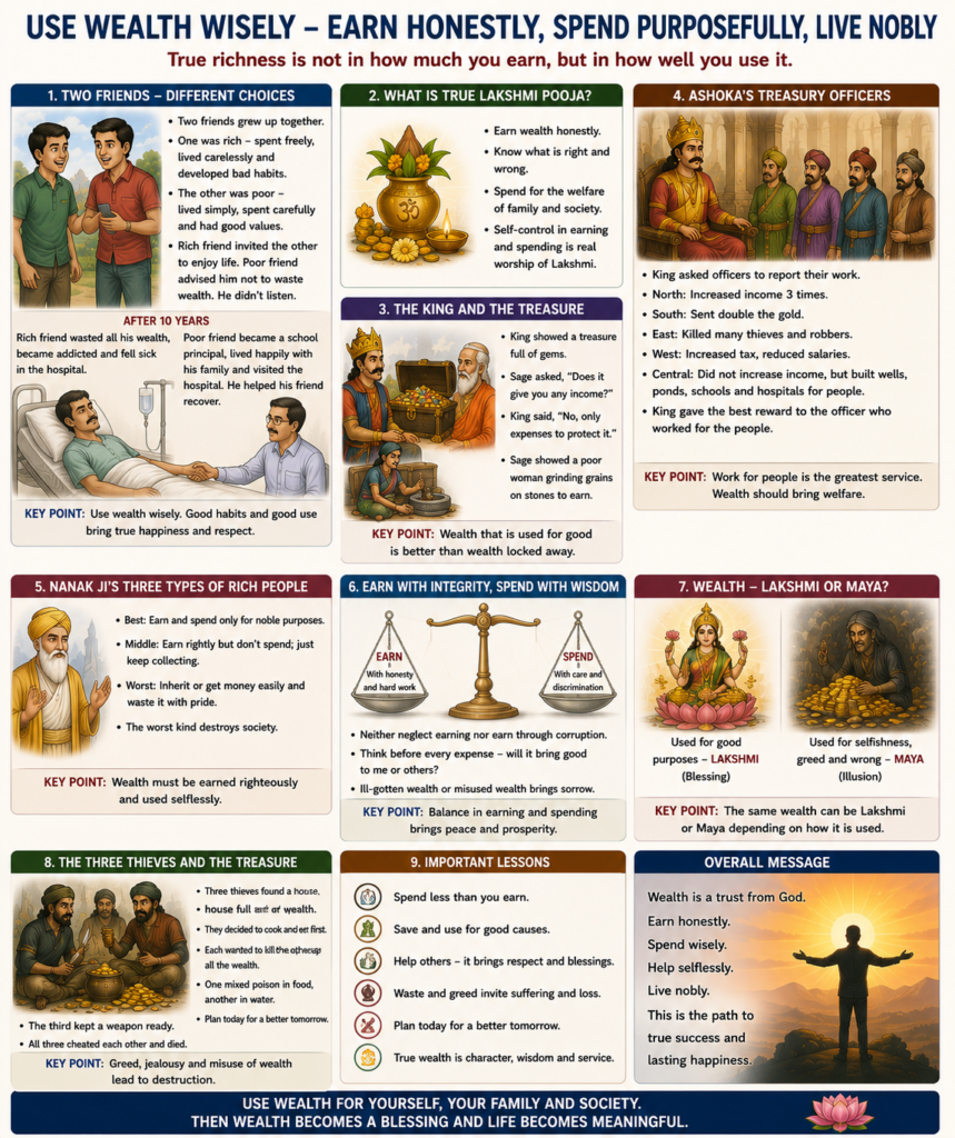 The true worship of Lakshmi is to earn money ethically and to make good use of what you earn, keeping in mind the benefits and disadvantages.